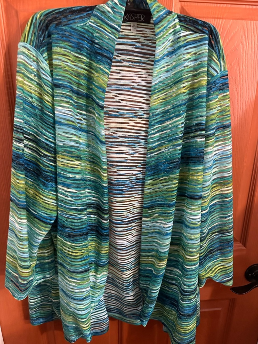 Kasper Multicolor Blue and Green Striped Open Cardigan
